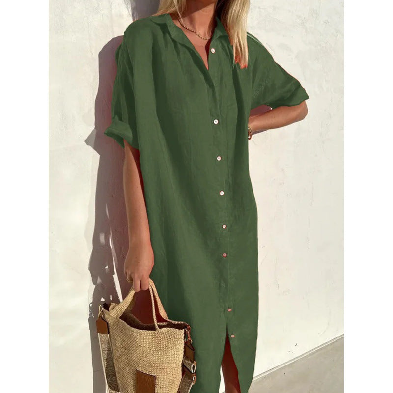 Women's Elegant Casual Loose Sleeves Button Dress Cotton Dresses