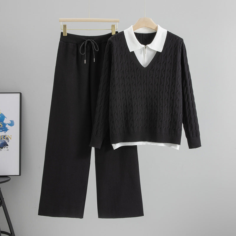 Women's Thickened Collar Fake Two-piece Knitted Matching Suits