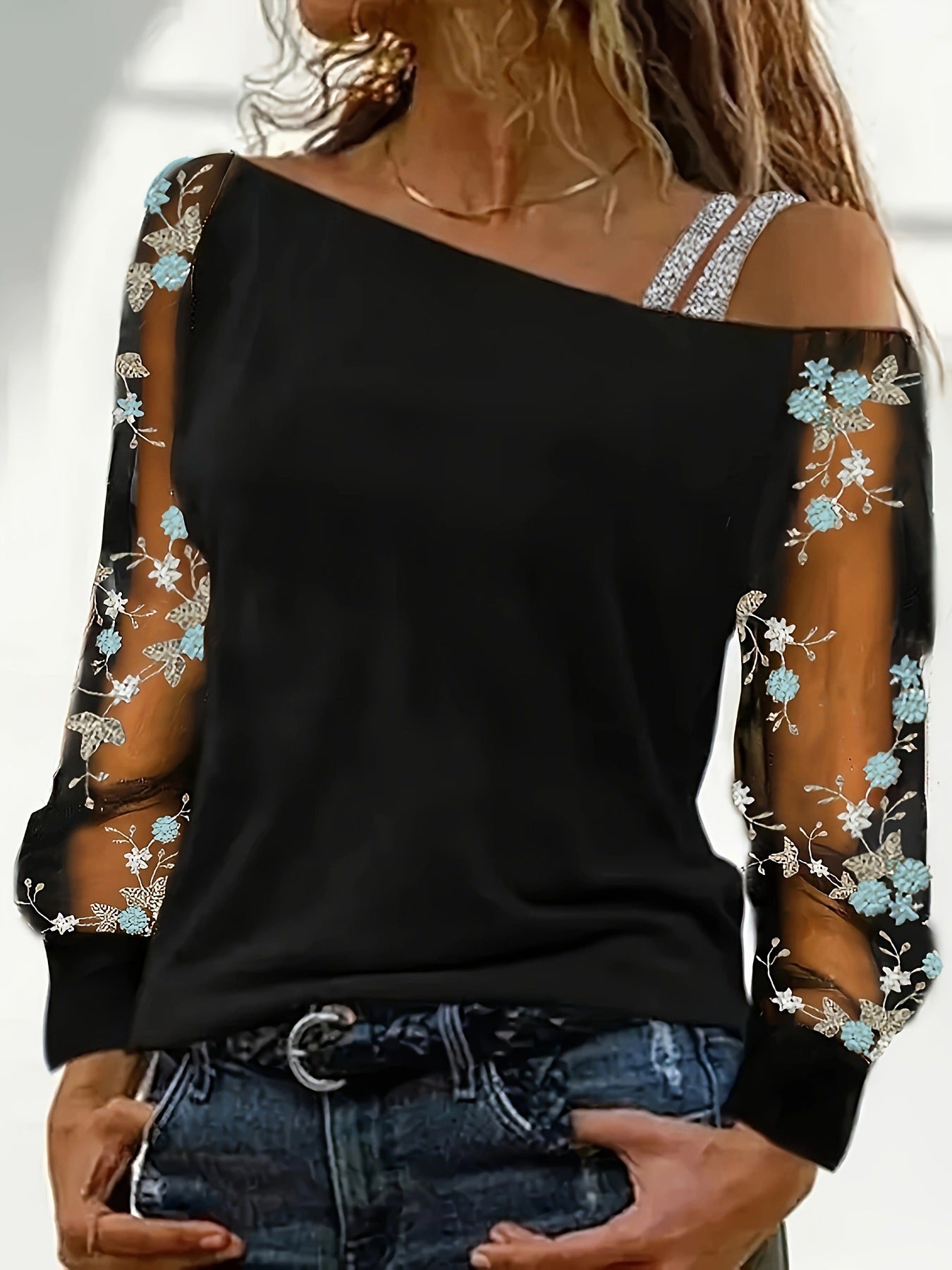 Diagonal Collar Gauzy Long Sleeve T-shirt Fashion Blouses