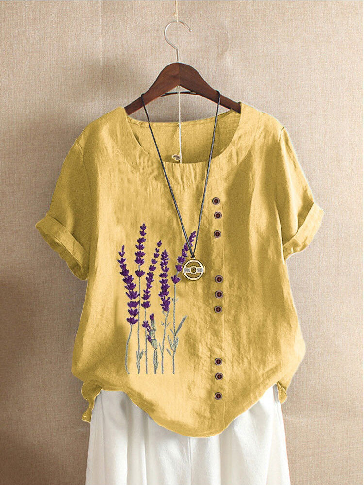 Women's Fresh Printed Round Neck Sleeve Fastener Blouses
