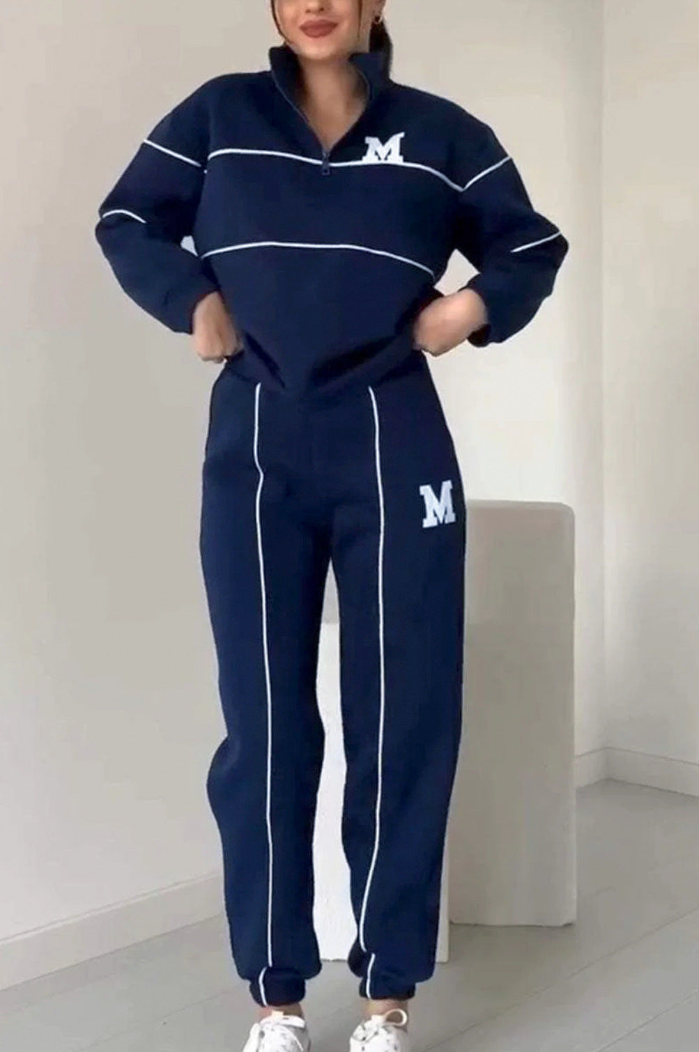 Women's Letter Heat Transfer Patch Long Sleeve Trousers Zipper Suits