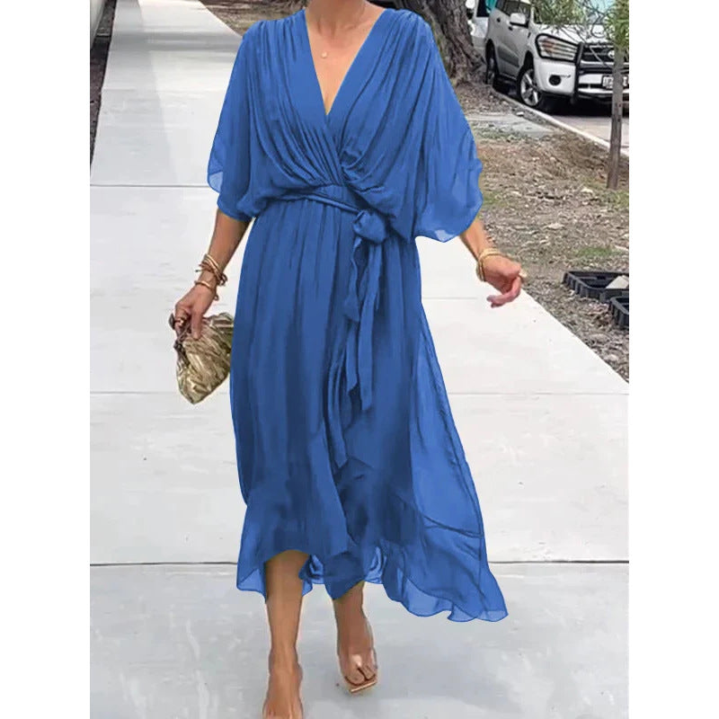 Women's Pure Color Tied Long Dress Batwing Plus Size