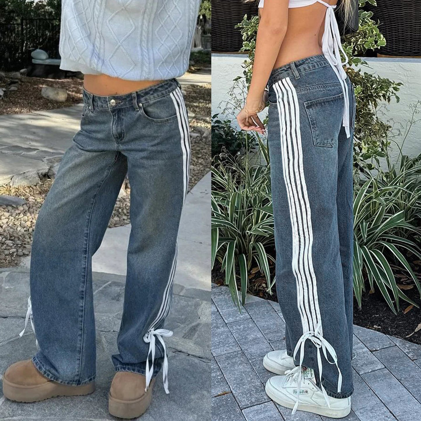 Women's Fashion Casual Loose Ribbon Belt Design Jeans