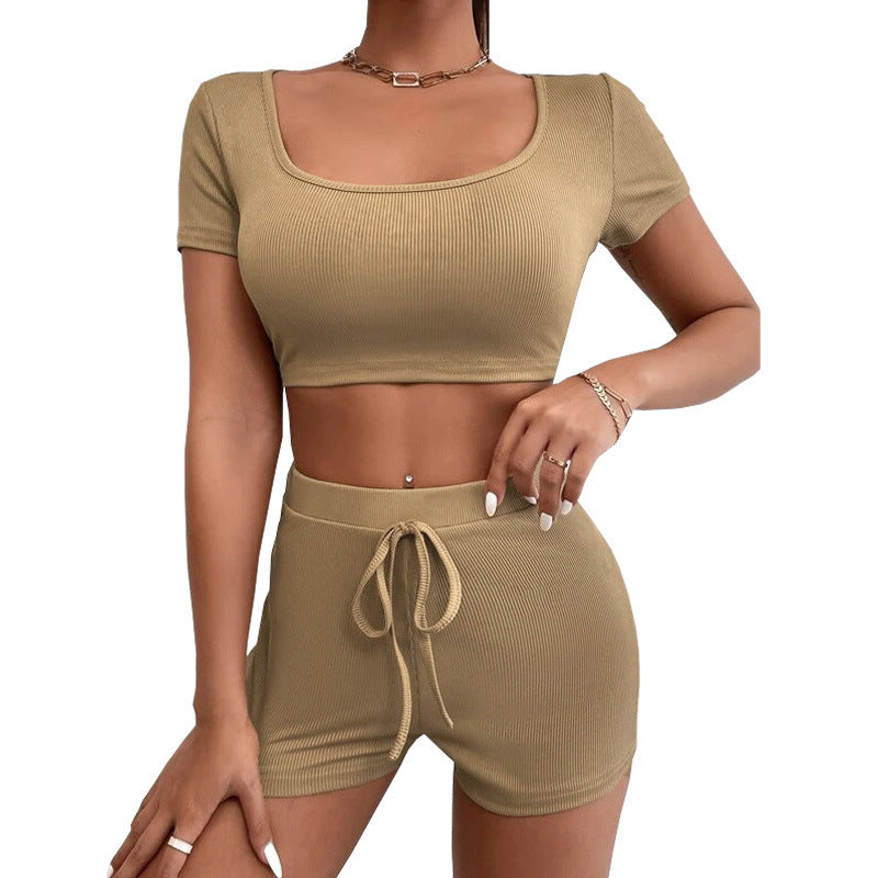 Women's Summer Solid Color Navel Square Collar Suits