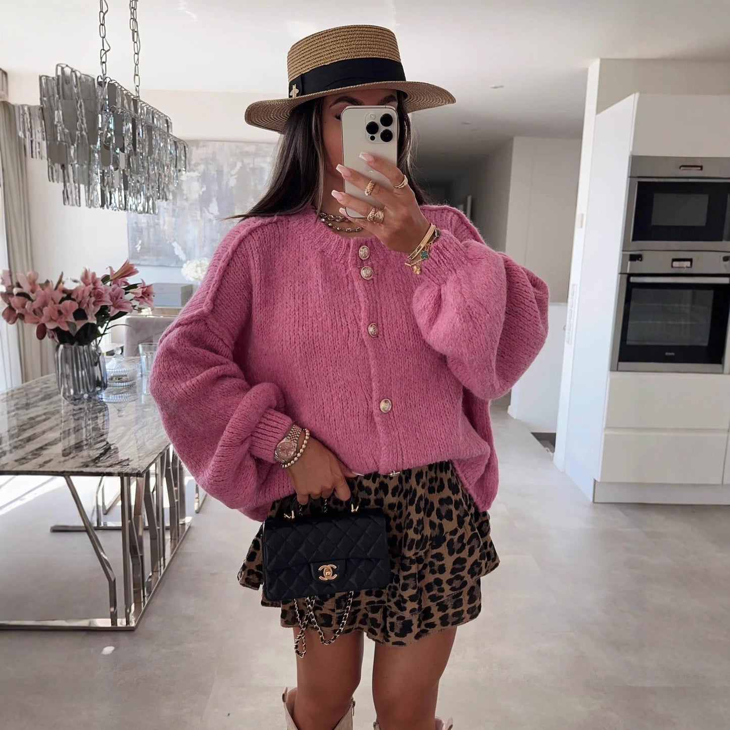 Women's Retro Gold Button Solid Color Knitted Sweaters