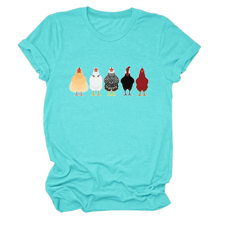 Women's Fun Chicken Round Neck Sleeve T-shirt Blouses