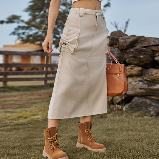 Women's Retro Denim Cargo Casual Midi Dress Skirts