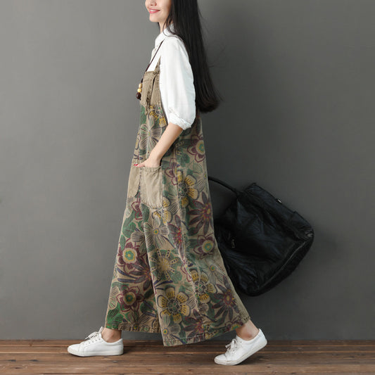 Distressed Printed Suspenders Retro Adjustable Color Jeans
