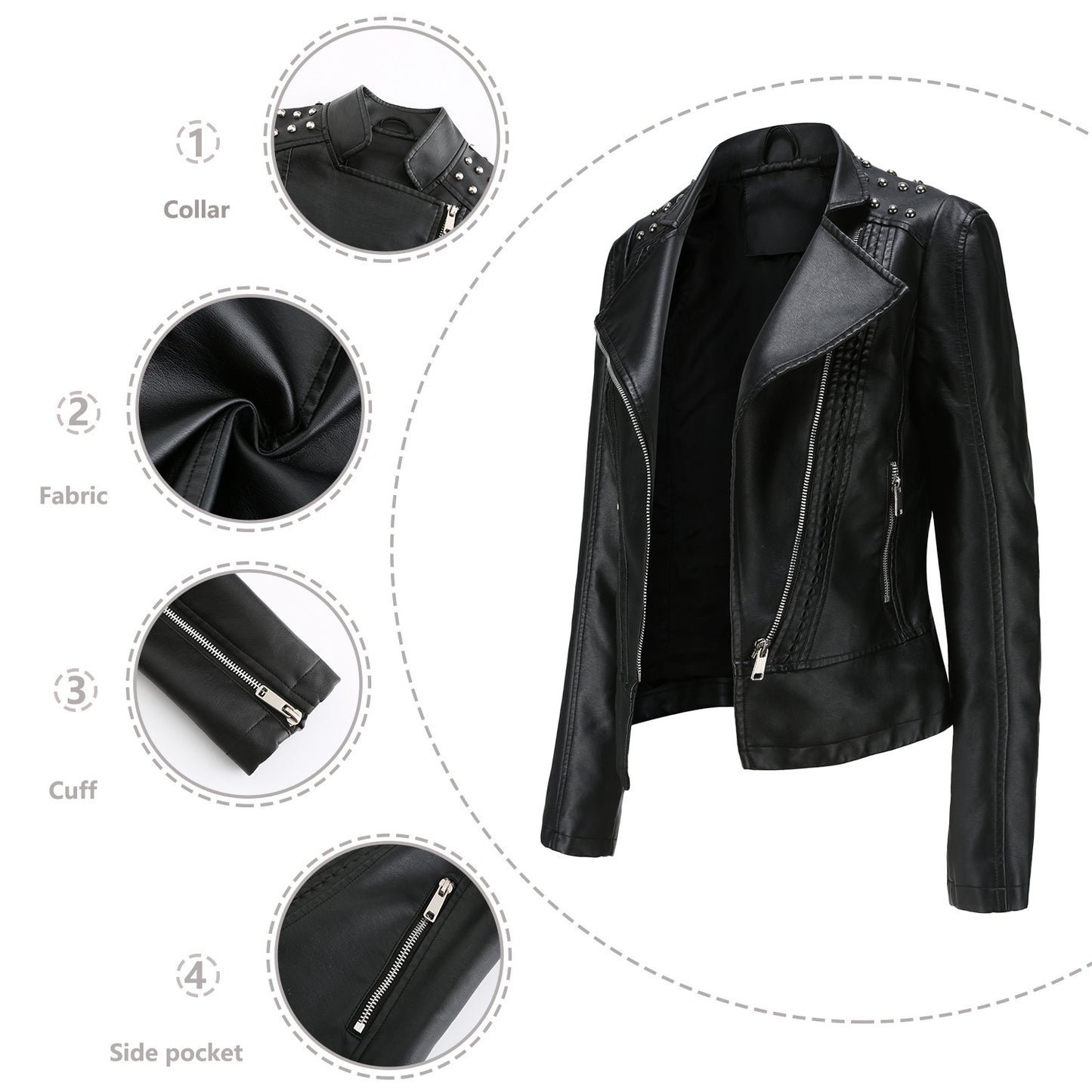 Women's European Beaded Leather Long-sleeved Fashion Lapel Jackets