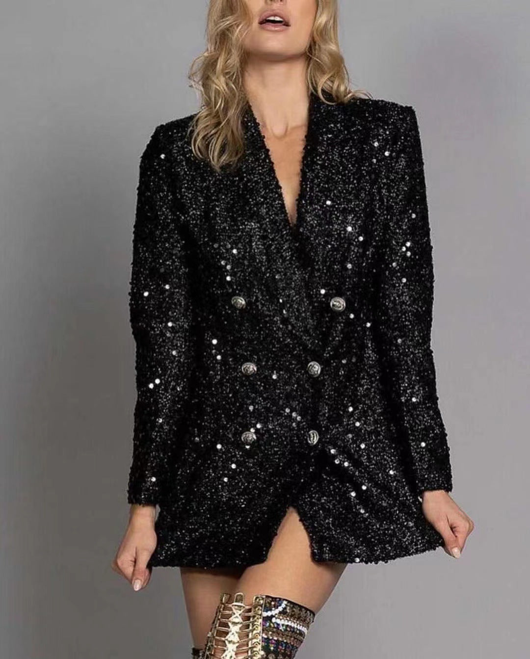 Breasted Black With Paillettes Slim Fit Blazers