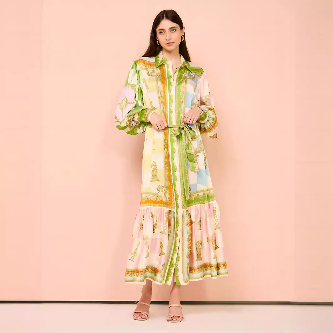 Single-breasted Long Lantern Sleeve Iti Printing Dresses