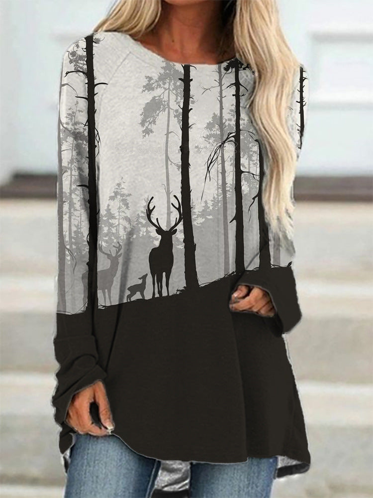 Women's Digital Printing Round Neck Long Sleeve Blouses