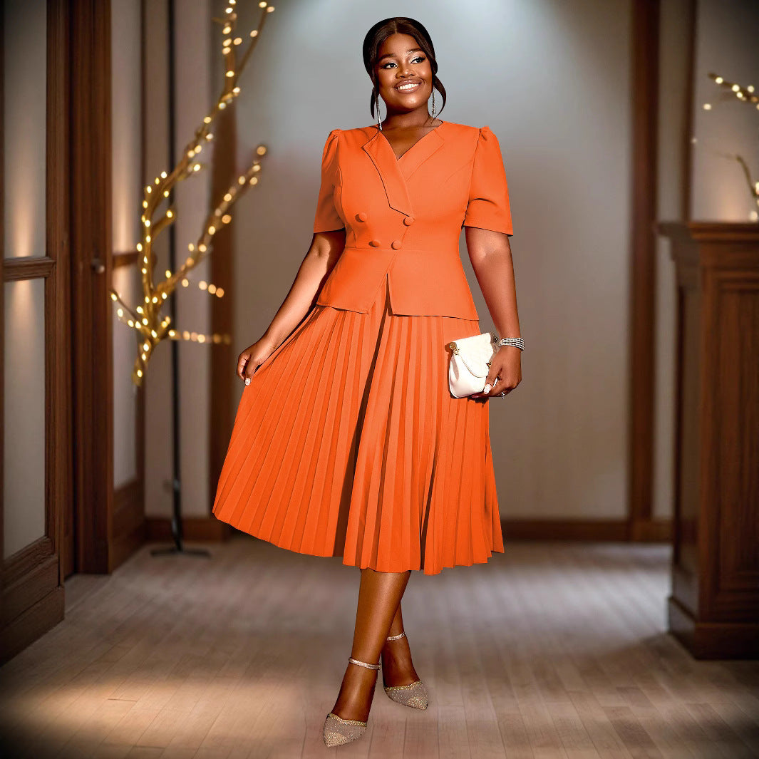 Collar Pleated Elegant Style High Waist Dresses