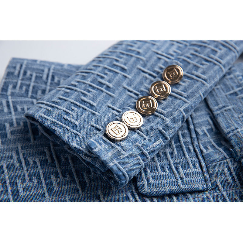 Women's Small Intellectual Padded Shoulder Elegant Denim Blazers
