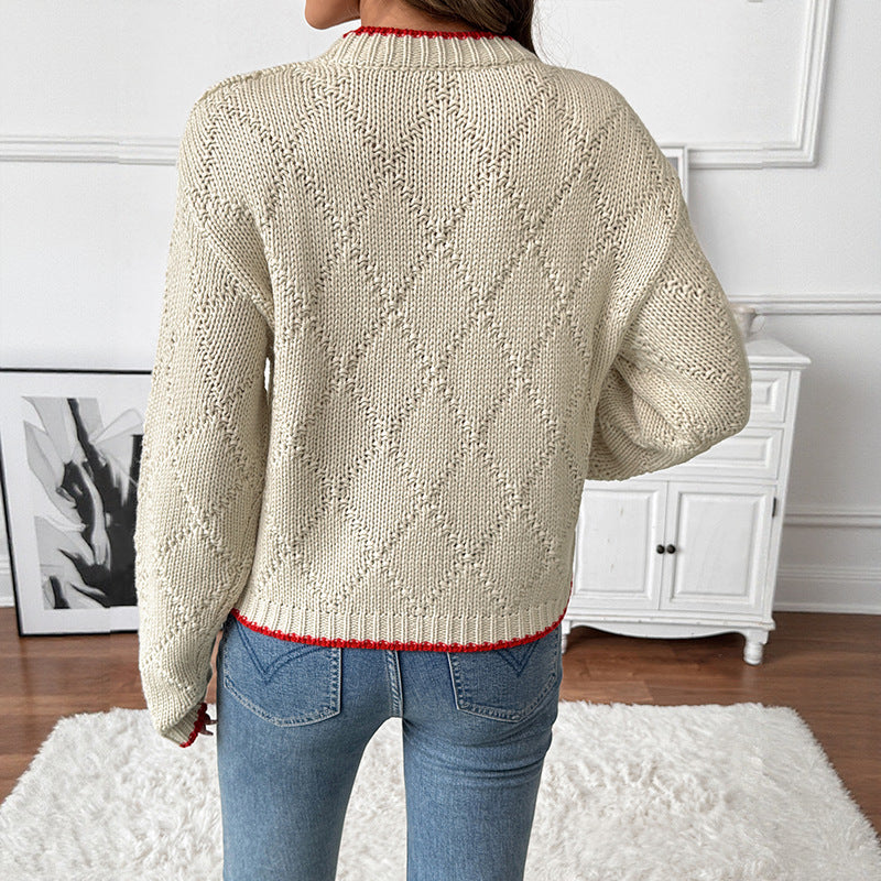Women's Contrast Color Trim Fish Pattern Round Sweaters