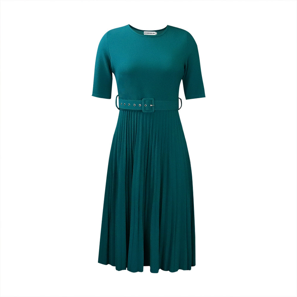 Women's Summer Sleeve Round Neck Waist Trimming Solid Dress