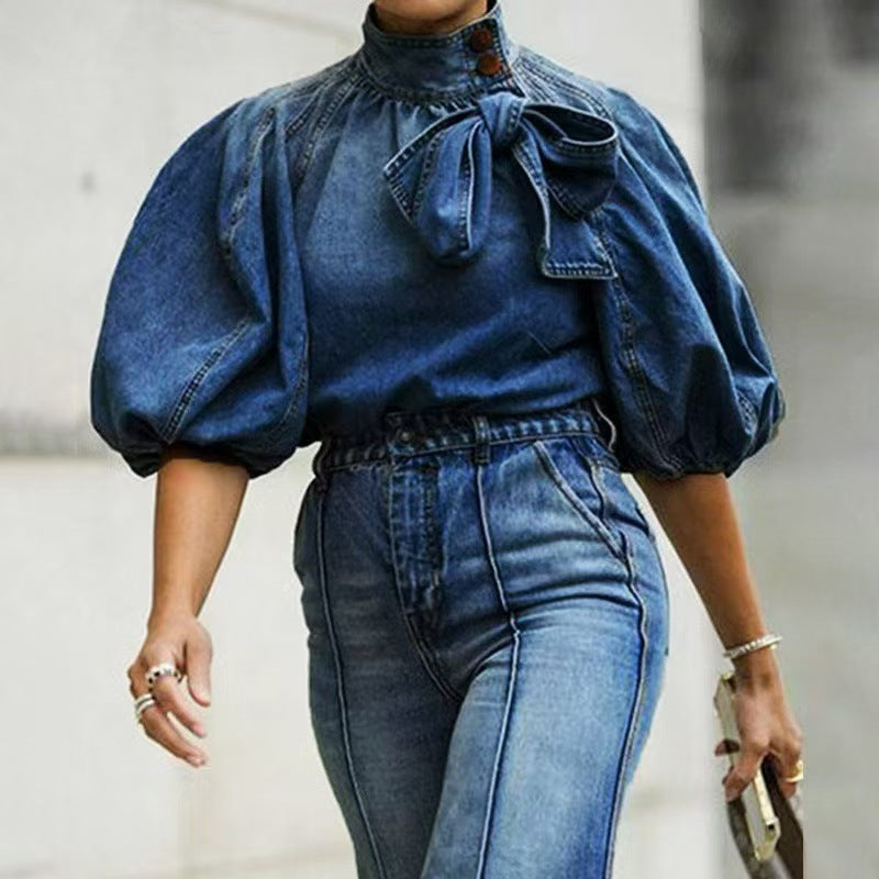 Women's Spring Retro Loose Neckline Denim Shirt Blouses