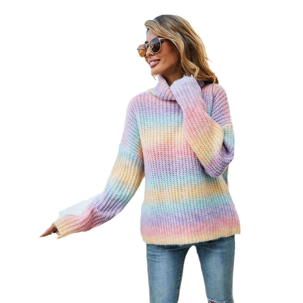 Women's Spring Clothes Rainbow Pullover High Collar Sweaters