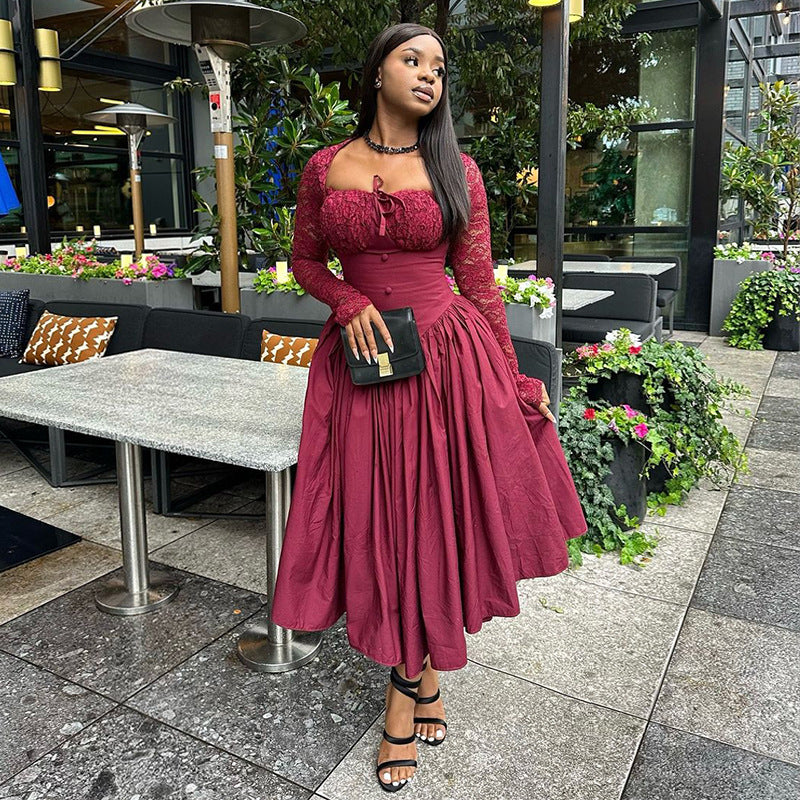 Women's Square Collar Lace Long Sleeve Waist Dresses
