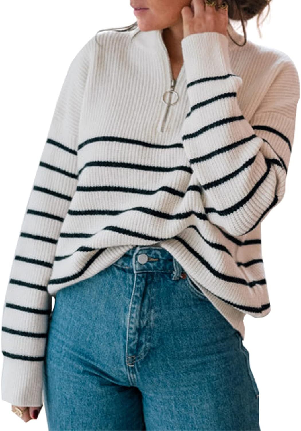 Women's Wear Long Sleeve Knitted Zipper Striped Sweaters
