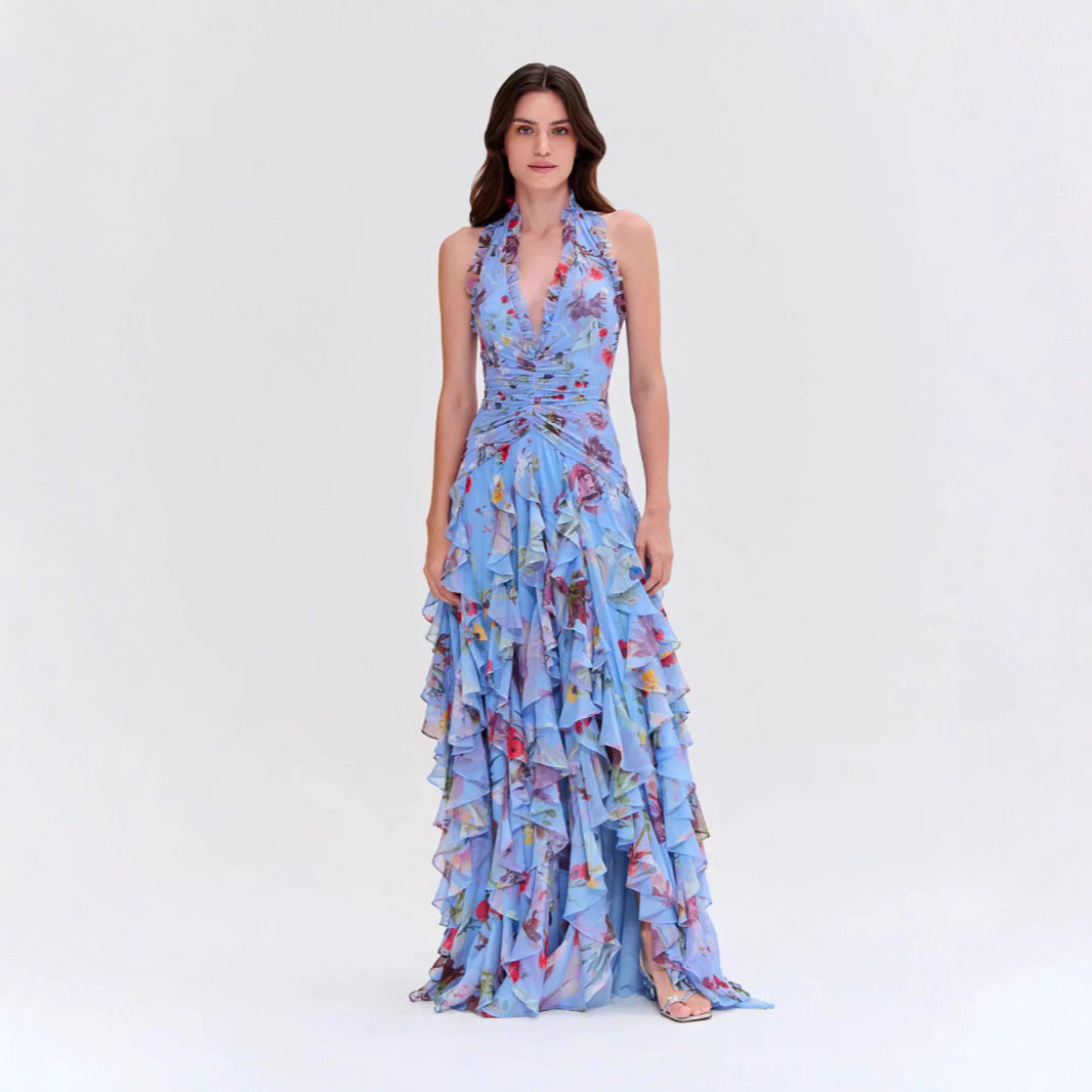 Women's Gentle Fashion Printed Pleated Waist Tight Dresses