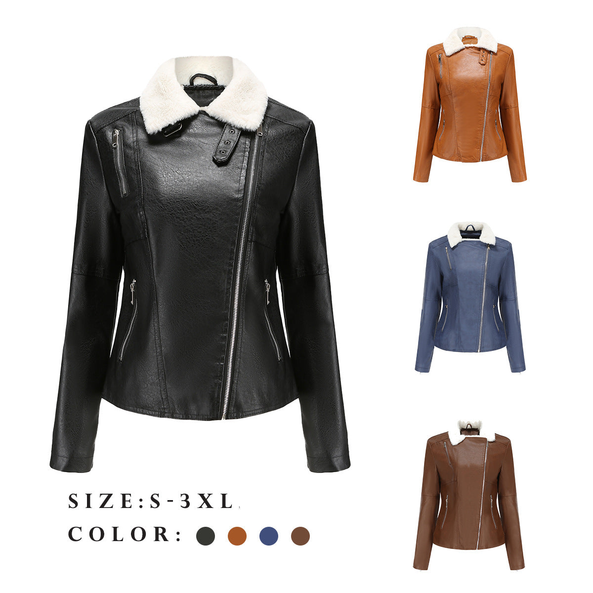 Women's Fur Integrated Leather Fleece-lined Long Sleeve Jackets
