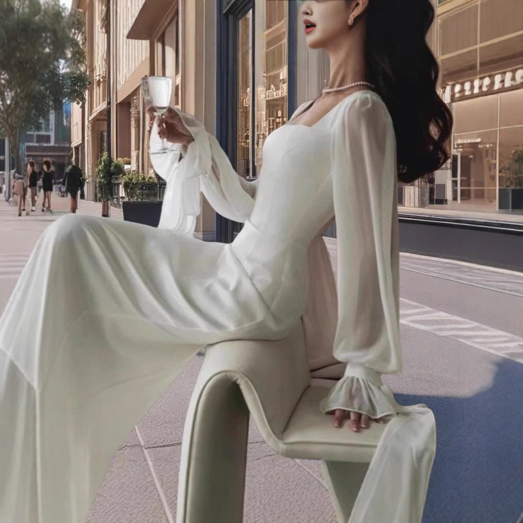 Style Temperament Square Collar Stitching Mesh Micro Transparent Dresses