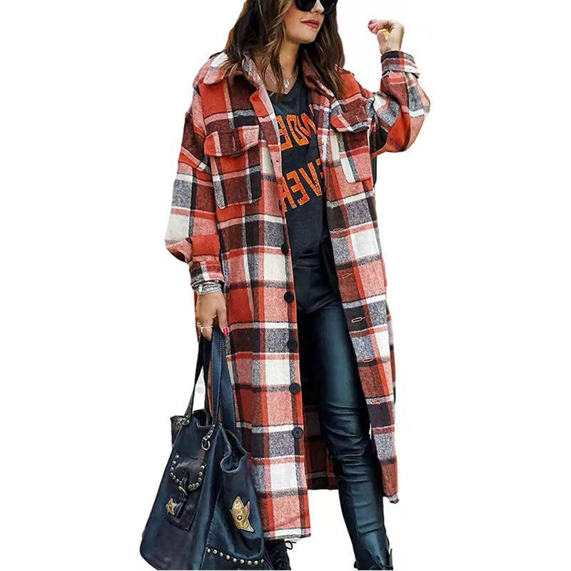 Women's Long Sleeve Loose Button Plaid Shirt Coats