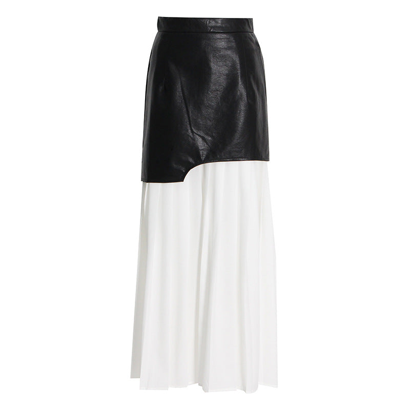 Women's Mid-length Pleated Leather Summer Waist Stitching Skirts