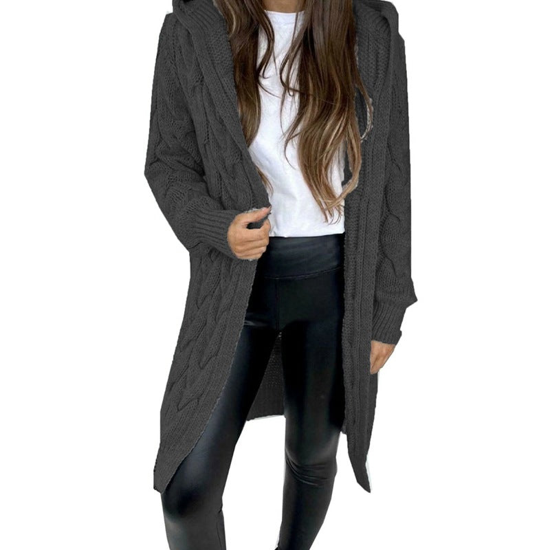 Mid-length Solid Color Twist Hooded Knit Knitwear