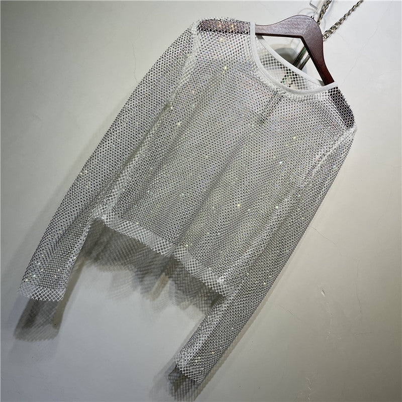 Star Hollow Out Shiny Colorful Crystals People Fishnet Blouses