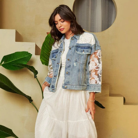 Women's Russian Ripped Mesh Patchwork Denim Jackets