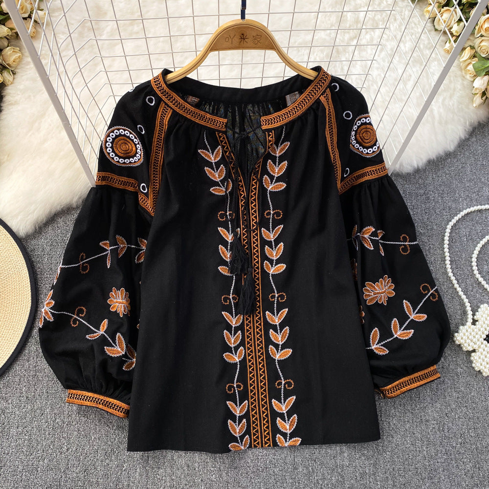 Women's Long Sleeve Round Neck Loose Embroidered Blouses