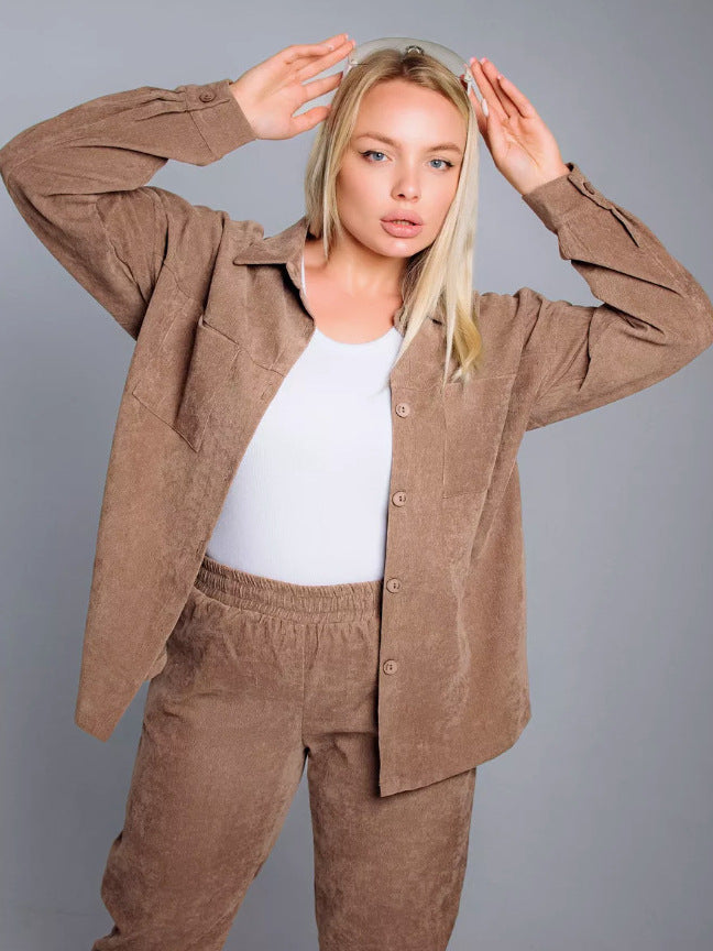 Women's Retro Lapel Shirt Outfit Loose Corduroy Trousers Fashion Casual Suit