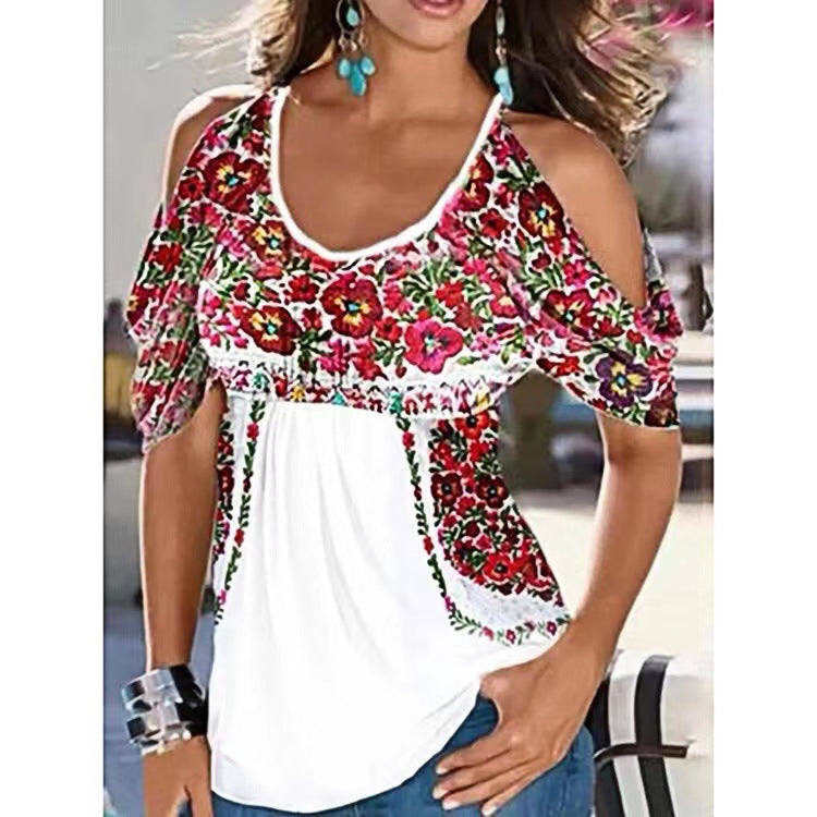 Women's Summer Loose Pleating Printed Sleeve T-shirt Blouses