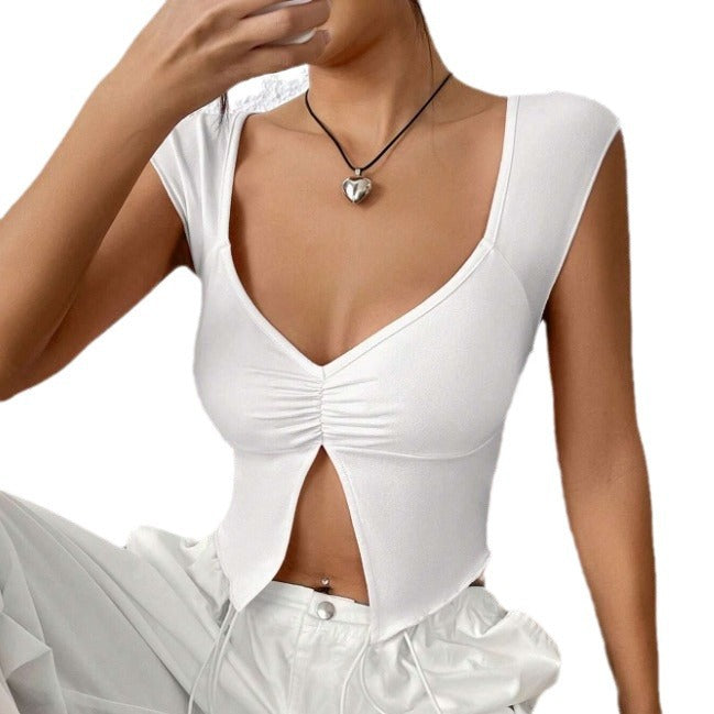 Women's Summer Pleated Sexy Slim Deep V Blouses