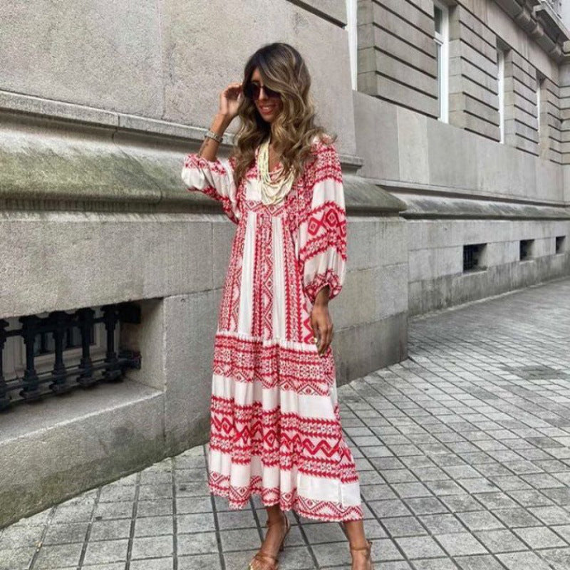 Women's Autumn Geometric Collage Puff Sleeve Dress Street Clothing