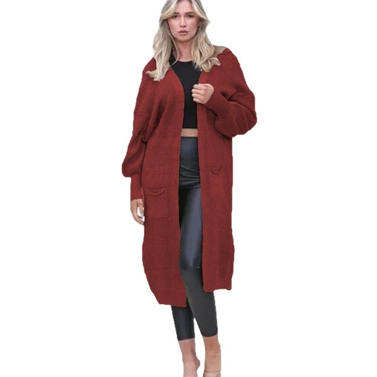 Women's Knitted Pocket Lantern Sleeve Long Large Knitwear
