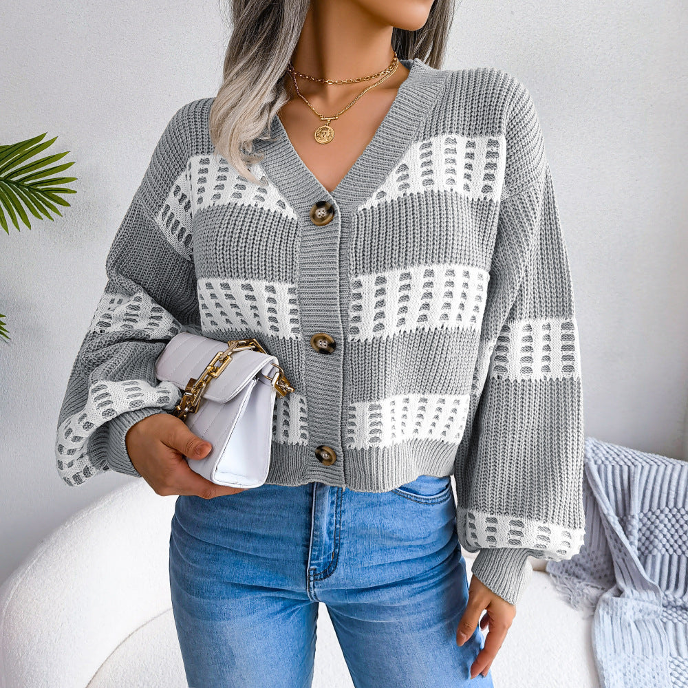 Women's Clearance Design Contrast Color Lantern Sleeve Clothing