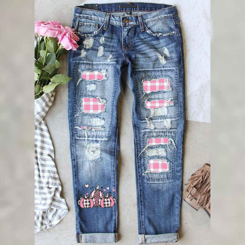 Christmas Red Plaid Printed Ripped Baggy Jeans