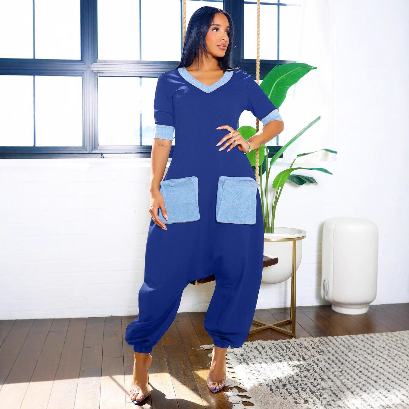 Commute Denim Stitching Contrast Color Loose Jumpsuits