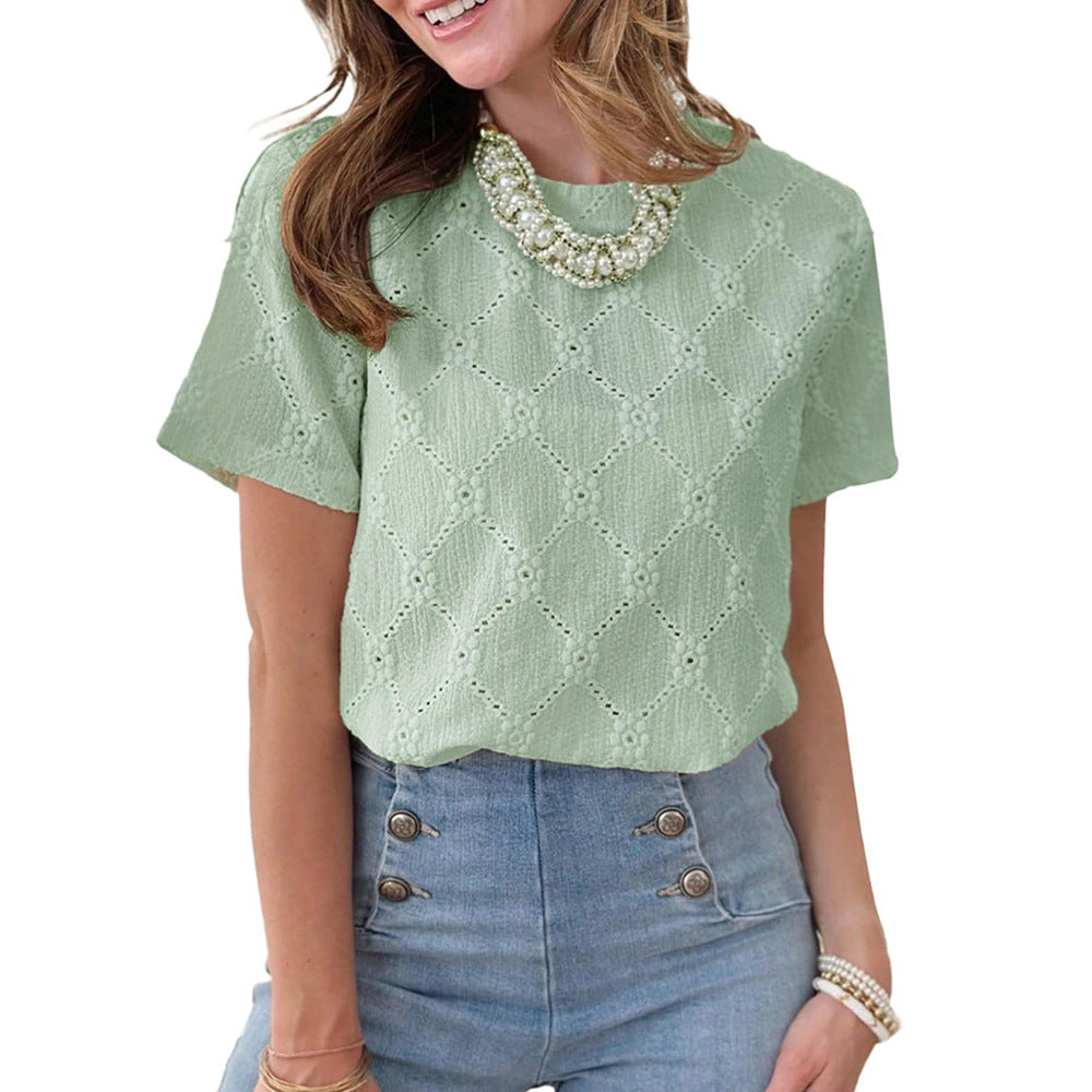 Women's Summer Round Neck Sleeve Embroidered Flower Blouses
