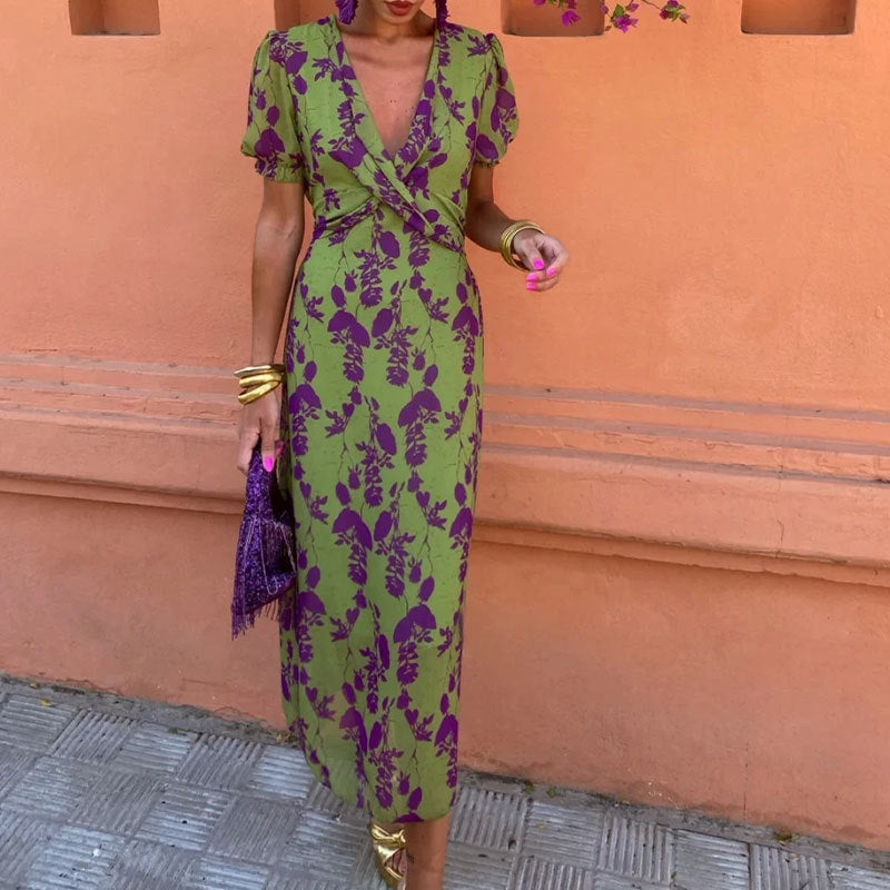 Women's Color Contrast Printed Long Dress Elegant Dresses