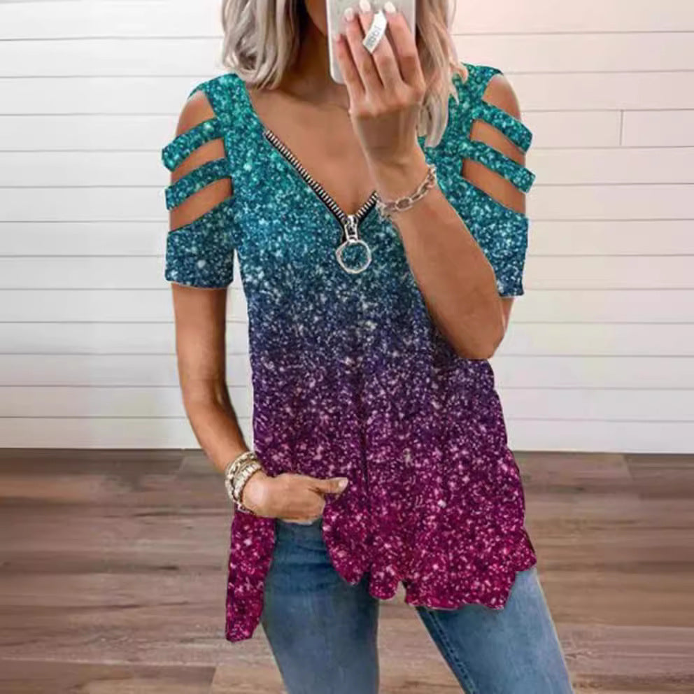 Women's Collar Zipper Pullover Sleeve Loose T-shirt Blouses
