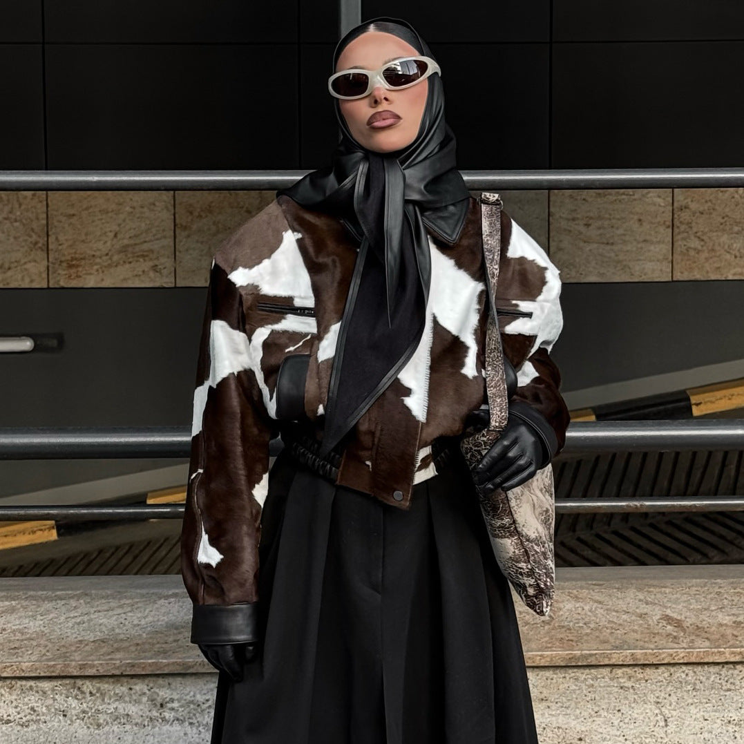 Women's American Street Style Design Sense Cows Pattern Leather Niche Jackets