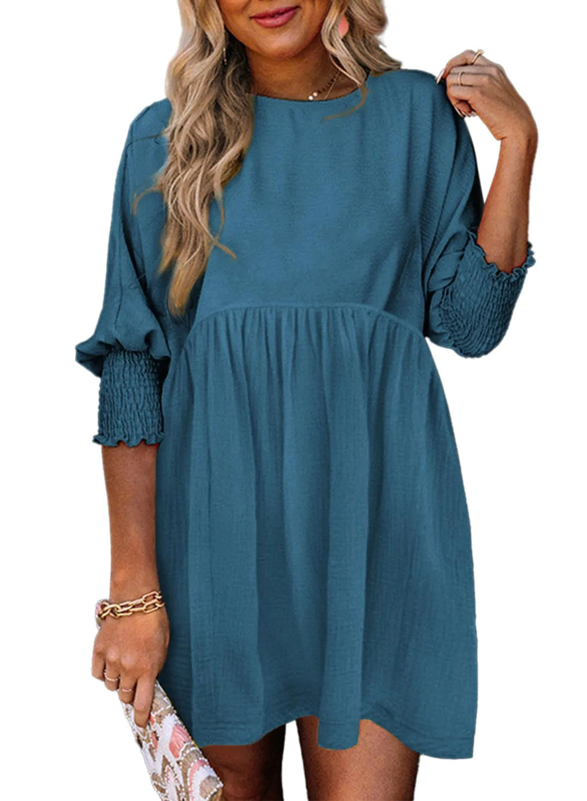 Women's Round Neck Girdle Cuff Pleating Casual Dresses
