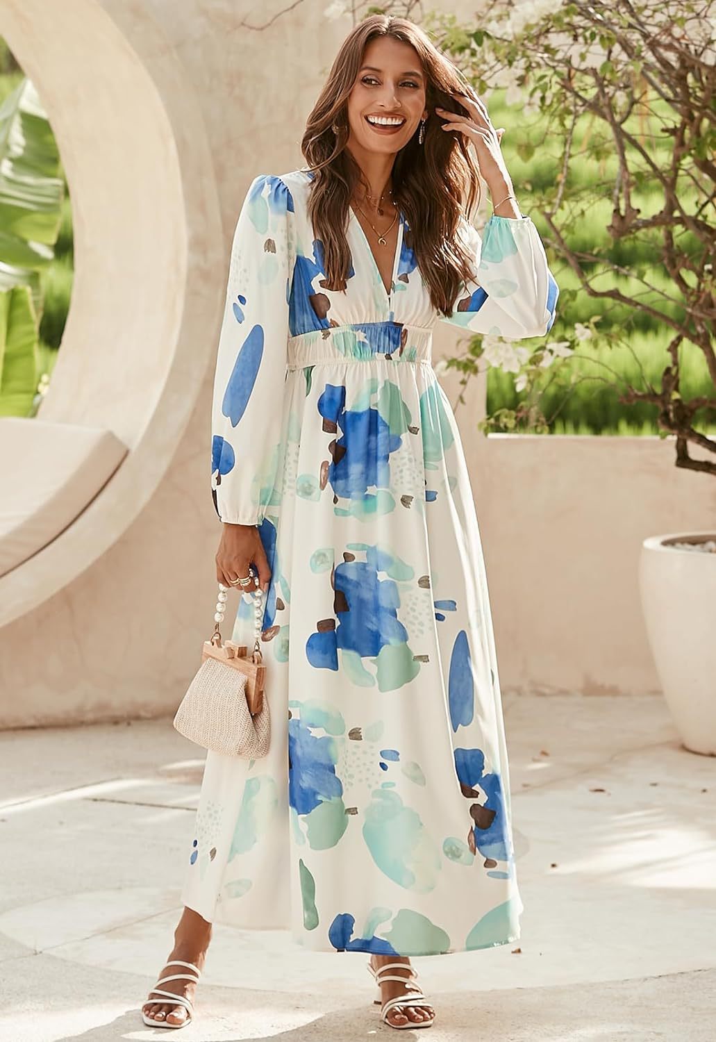 Women's Bohemian Style Deep V Printed High Waist Dresses