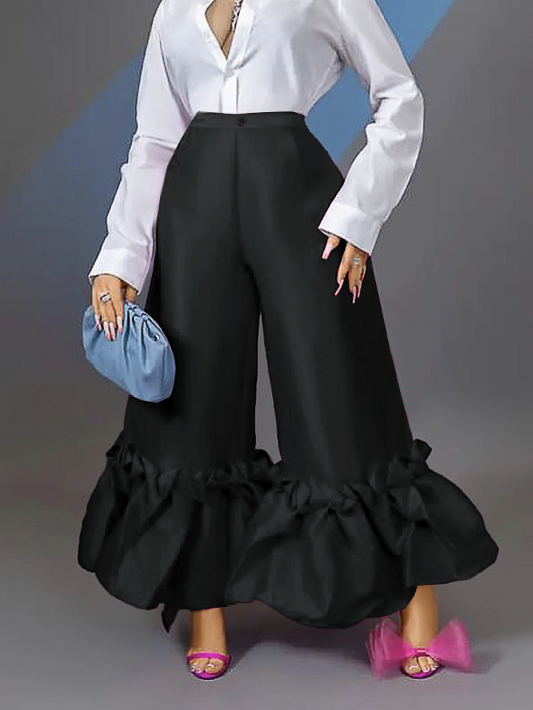 High Waist Loose Design Ruffled Bell-bottoms Pants