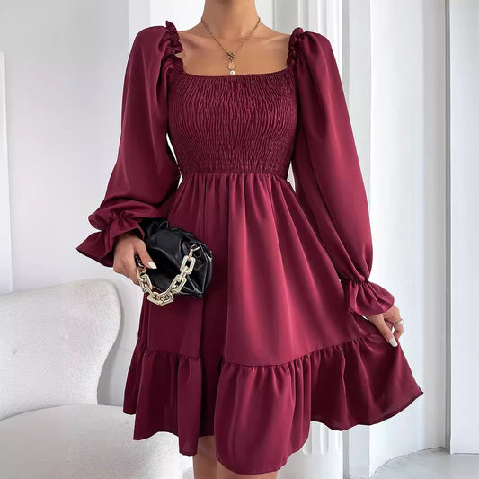 Women's Square Collar Long Sleeve Ruffled High Waist Tight Dresses