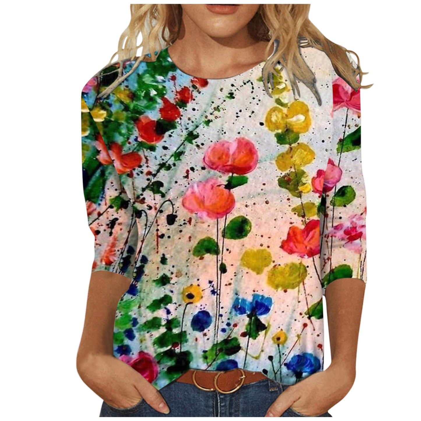 Women's Round Neck Long Sleeve Loose Print Blouses